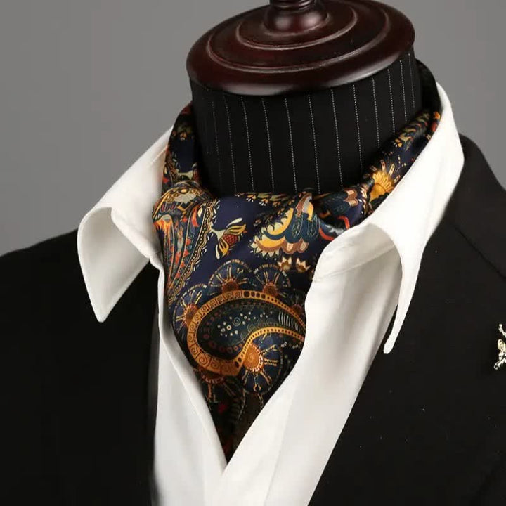 Écharpe longue et fine en soie réversible à motif cachemire bleu marine et doré pour homme