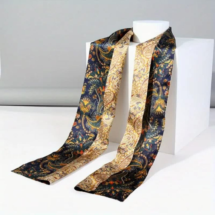 Écharpe longue et fine en soie réversible à motif cachemire bleu marine et doré pour homme