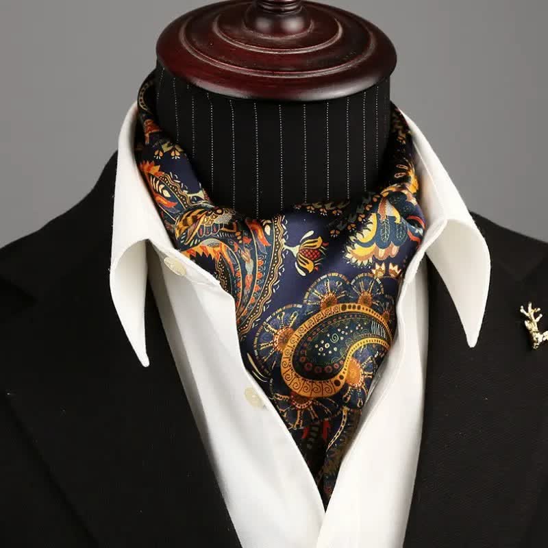 Écharpe longue et fine en soie réversible à motif cachemire bleu marine et doré pour homme