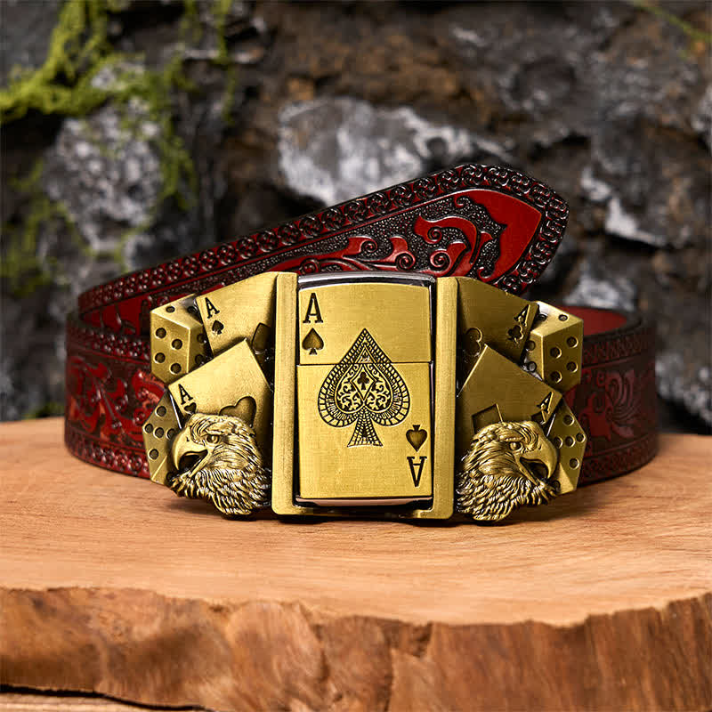Boucle de ceinture en cuir doré pour homme avec briquet caché - Aigle et Poker - Ceinture marron sculptée - 42 - image 8