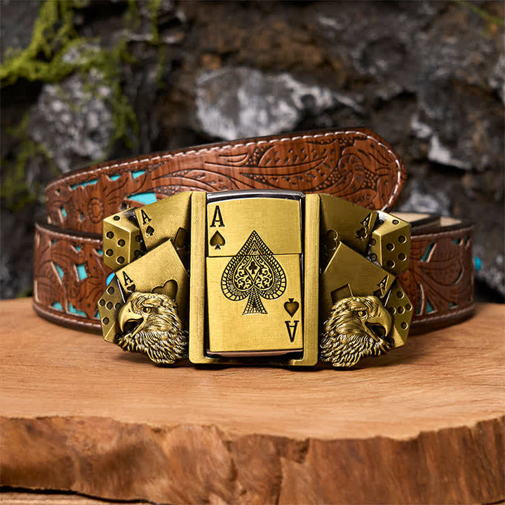 Boucle de ceinture en cuir doré pour homme avec briquet caché - Aigle et Poker - Ceinture sculptée en turquoise - 42 - image 5