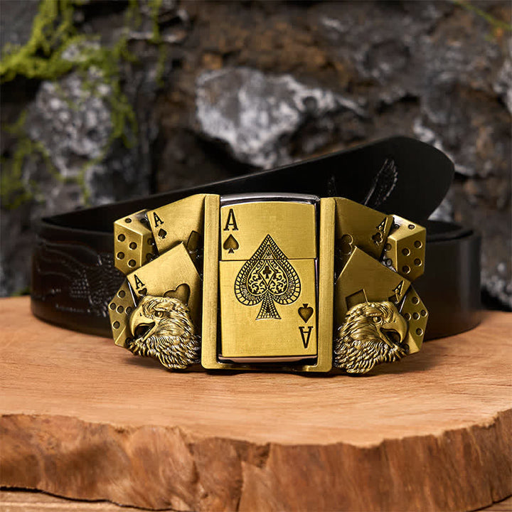 Boucle de ceinture en cuir doré pour homme avec briquet caché - Aigle et Poker - Ceinture noire avec aigle en relief - 42 - image 4