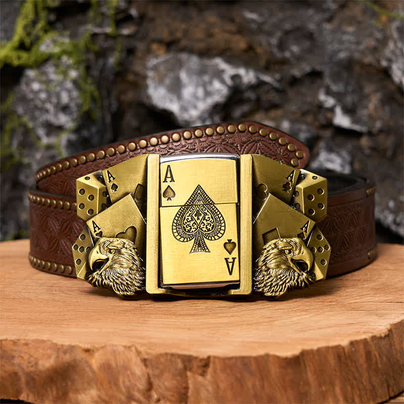 Boucle de ceinture en cuir doré pour homme avec briquet caché - Aigle et Poker - Ceinture à rivets marron - 42 - image 6