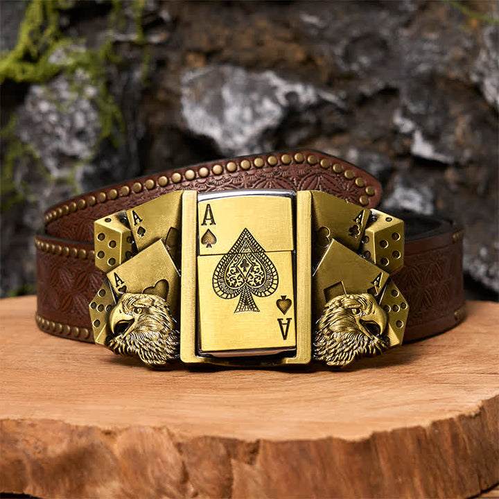 Boucle de ceinture en cuir doré pour homme avec briquet caché - Aigle et Poker - Ceinture à rivets marron - 42 - image 6