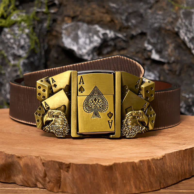 Boucle de ceinture en cuir doré pour homme avec briquet caché - Aigle et Poker - Ceinture marron vieillie - 42 - image 7