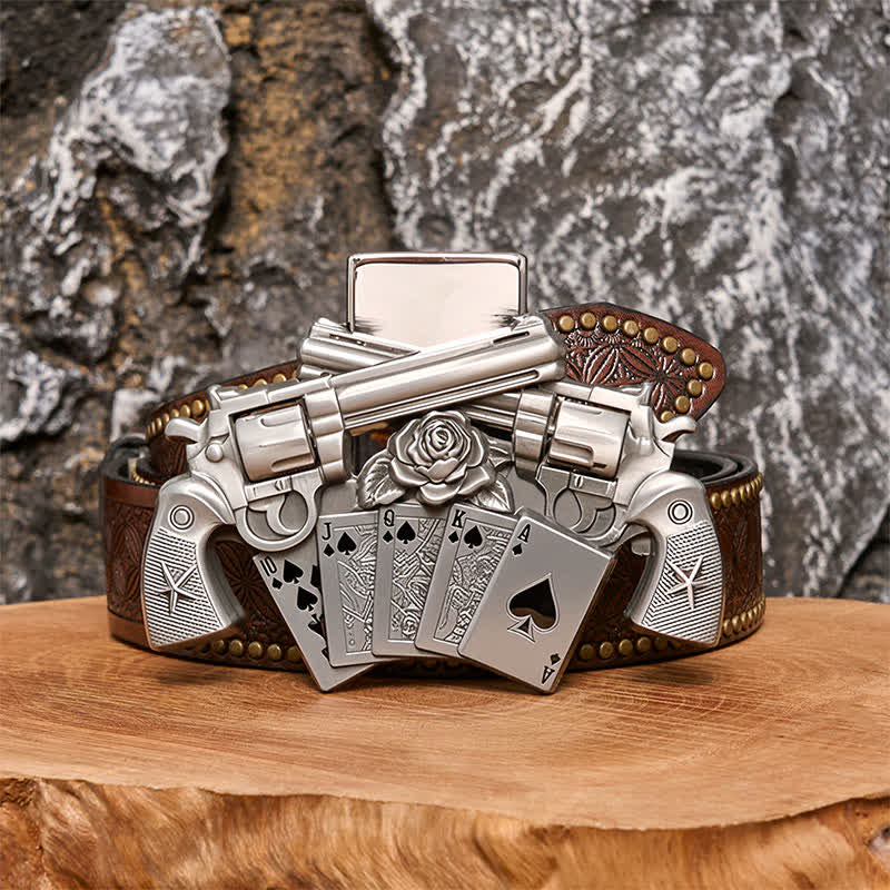 Ceinture en cuir pour homme avec double pistolet et briquet caché - Poker - Ceinture à rivets marron - 42 - image 4
