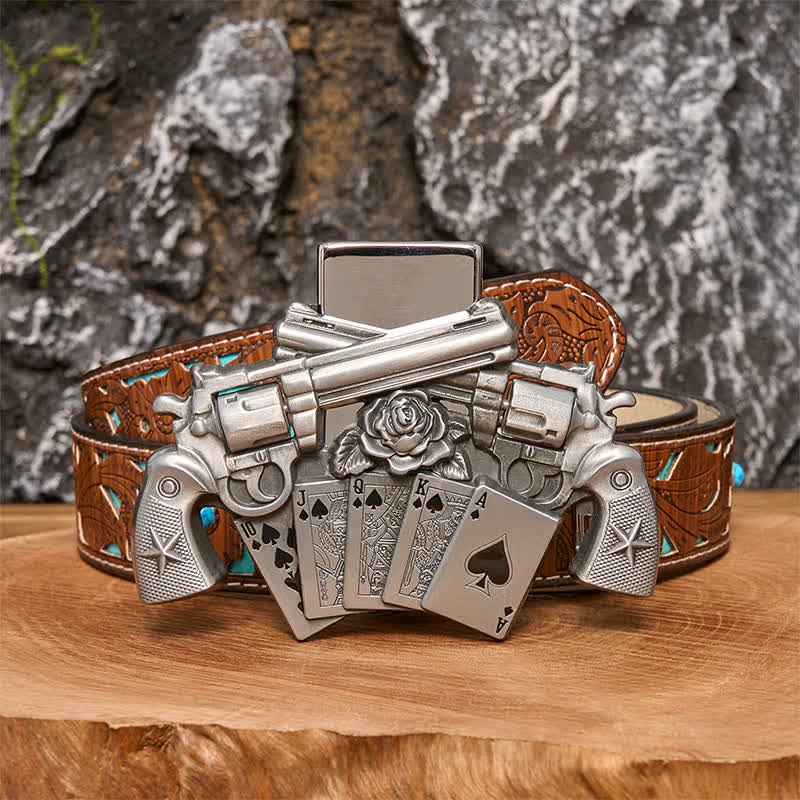 Ceinture en cuir pour homme avec double pistolet et briquet caché - Poker - Ceinture sculptée en turquoise - 42 - image 3