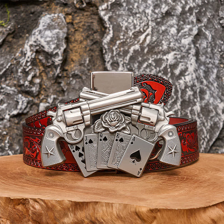 Ceinture en cuir pour homme avec double pistolet et briquet caché - Poker - Ceinture marron sculptée - 42 - image 6