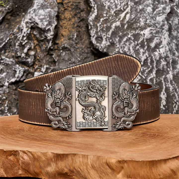 Ceinture en cuir à triple dragon pour homme avec briquet caché - Dragon - Ceinture marron vieillie - 42 - image 5