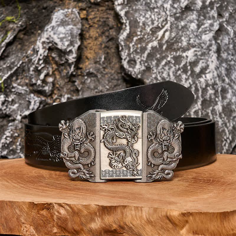 Ceinture en cuir à triple dragon pour homme avec briquet caché - Dragon - Ceinture noire avec aigle en relief - 42 - image 2
