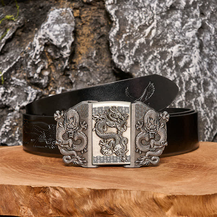 Ceinture en cuir à triple dragon pour homme avec briquet caché - Dragon - Ceinture noire avec aigle en relief - 42 - image 2