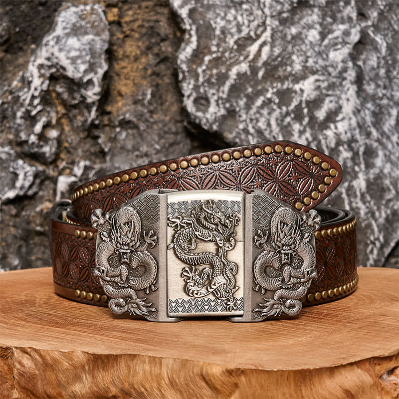 Ceinture en cuir à triple dragon pour homme avec briquet caché - Dragon - Ceinture à rivets marron - 42 - image 4