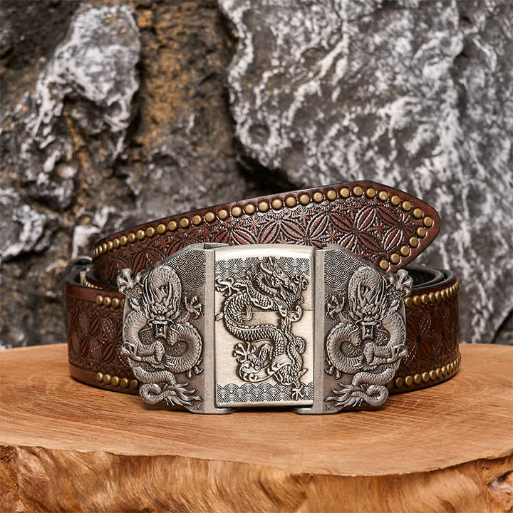 Ceinture en cuir à triple dragon pour homme avec briquet caché - Dragon - Ceinture à rivets marron - 42 - image 4