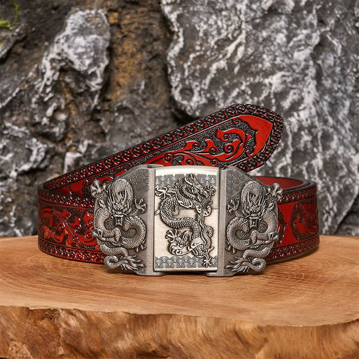Ceinture en cuir à triple dragon pour homme avec briquet caché - Dragon - Ceinture sculptée marron - 42 - image 6