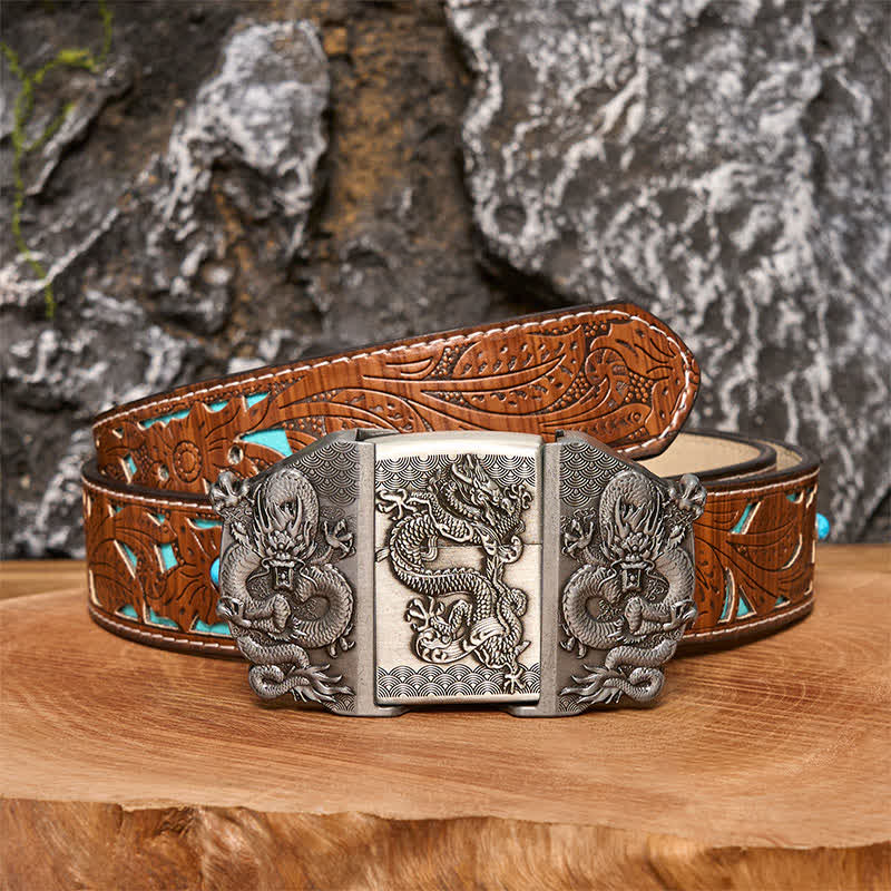 Ceinture en cuir à triple dragon pour homme avec briquet caché - Dragon - Ceinture sculptée en turquoise - 42 - image 3