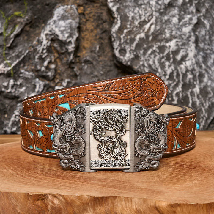 Ceinture en cuir à triple dragon pour homme avec briquet caché - Dragon - Ceinture sculptée en turquoise - 42 - image 3