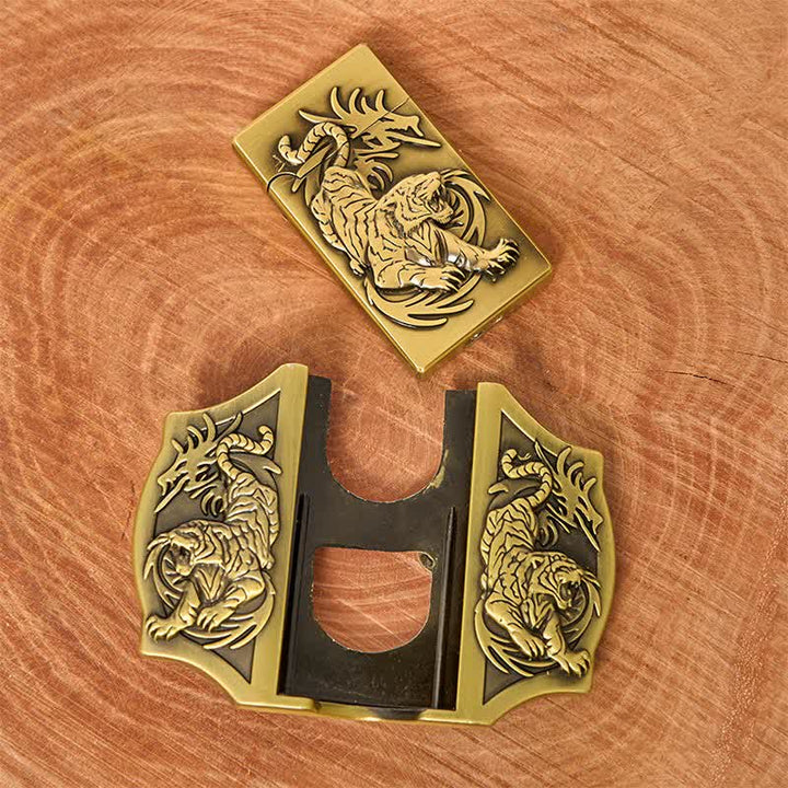 Ceinture en cuir pour homme avec triple tigre en bronze et briquet caché