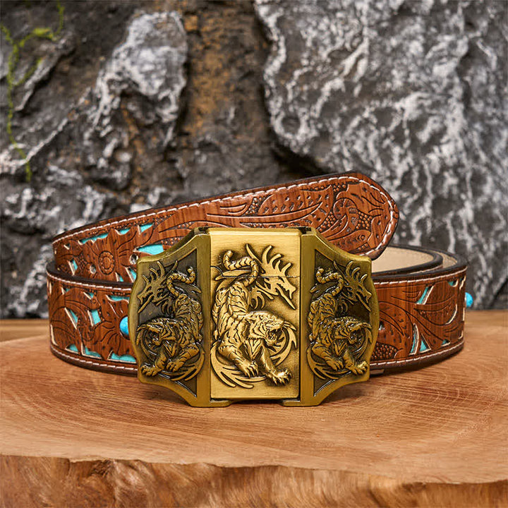 Ceinture en cuir pour homme avec triple tigre en bronze et briquet caché
