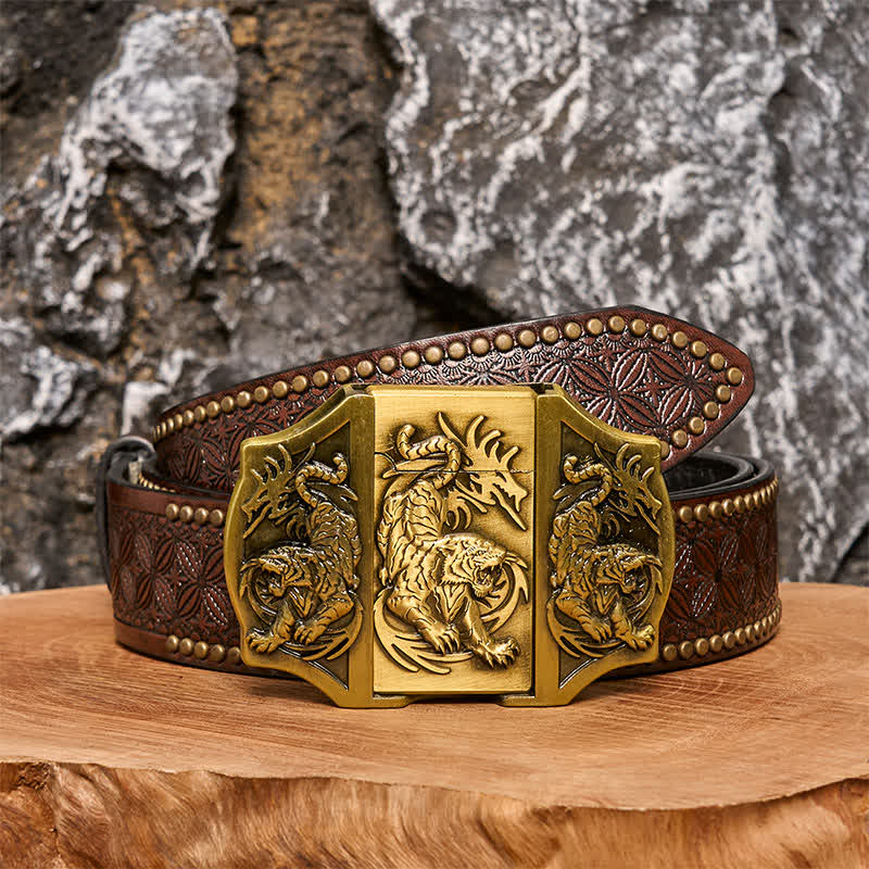 Ceinture en cuir pour homme avec triple tigre en bronze et briquet caché - Tigre - Ceinture à rivets marron - 42 - image 4