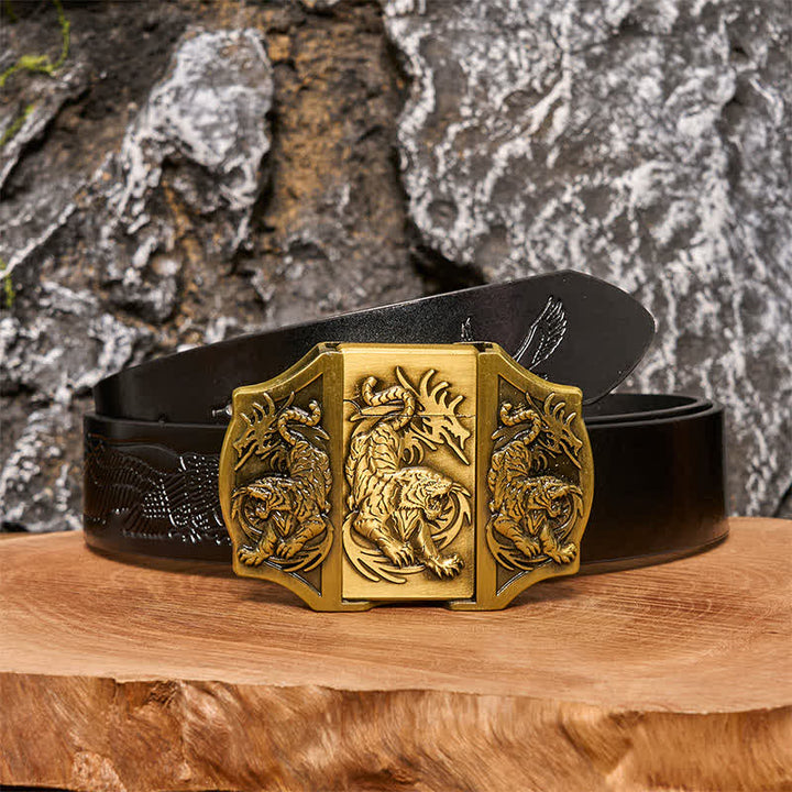 Ceinture en cuir pour homme avec triple tigre en bronze et briquet caché - Tigre - Ceinture noire avec aigle en relief - 42 - image 2