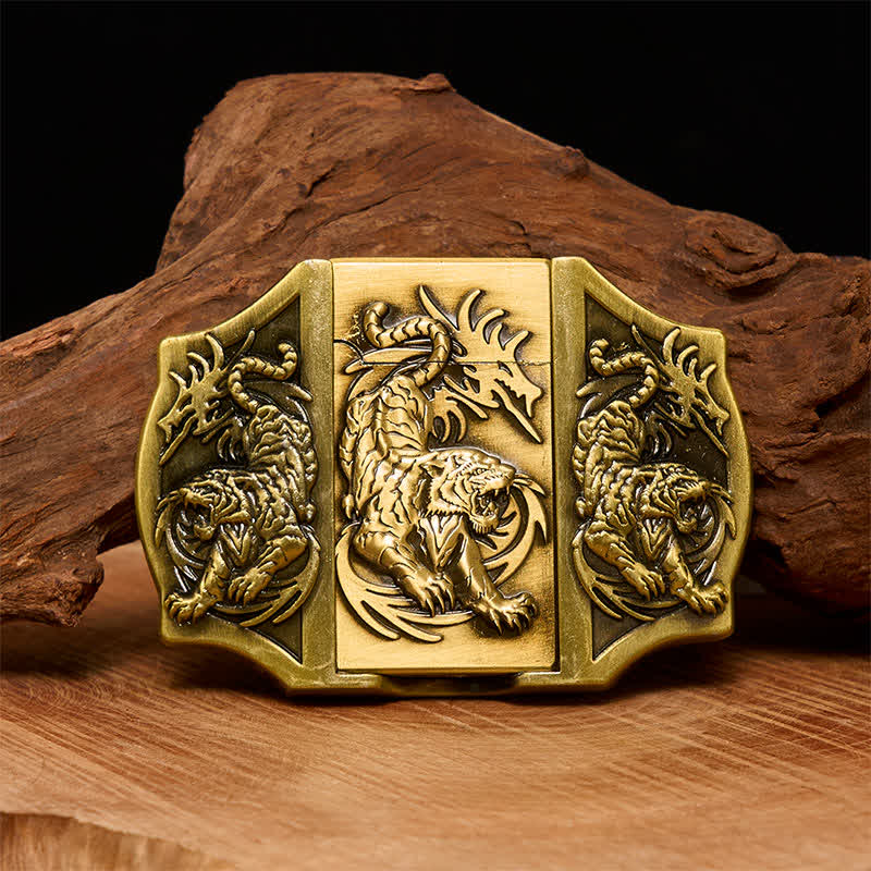 Ceinture en cuir pour homme avec triple tigre en bronze et briquet caché - Tigre - Sans ceinture - Ceinture non incluse - image 0