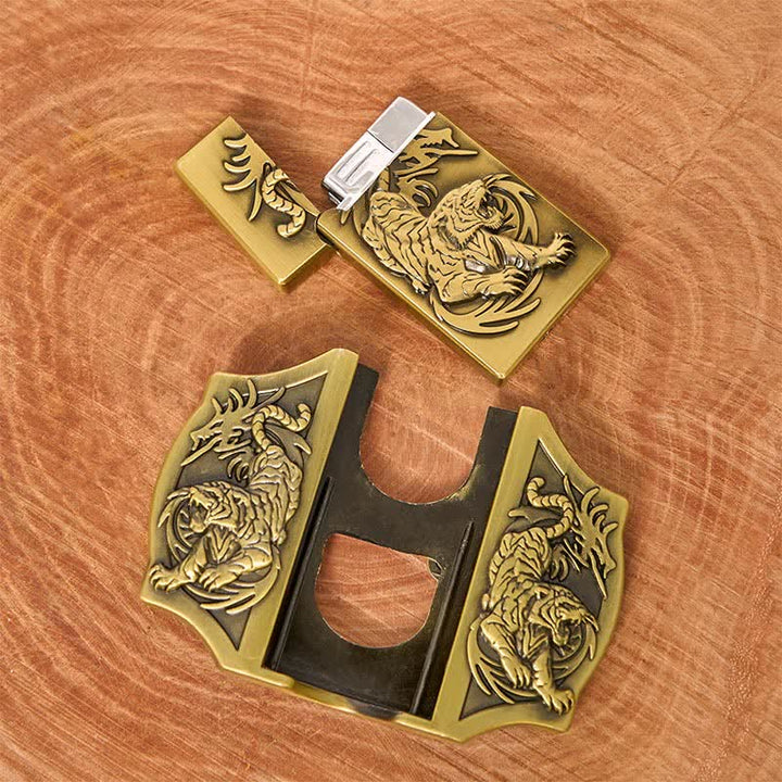 Ceinture en cuir pour homme avec triple tigre en bronze et briquet caché