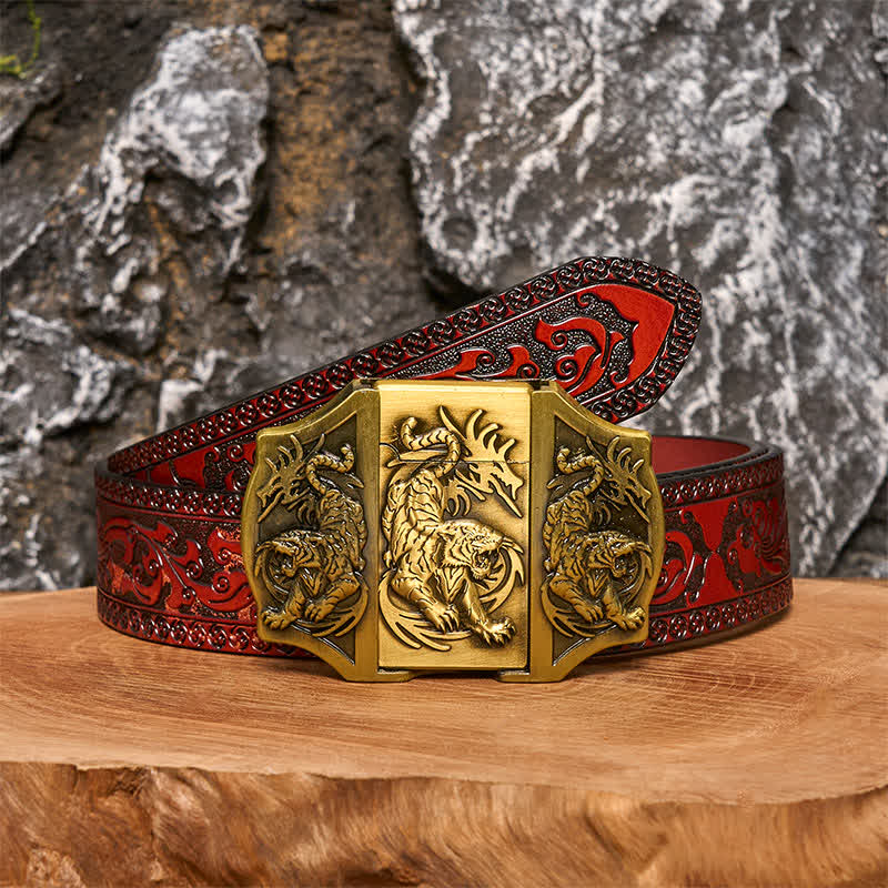 Ceinture en cuir pour homme avec triple tigre en bronze et briquet caché