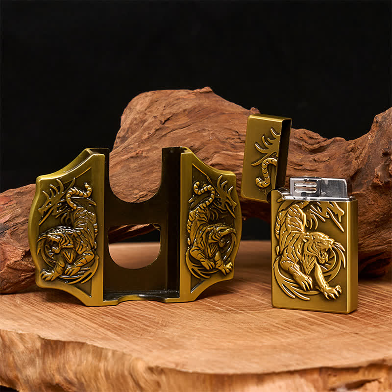 Ceinture en cuir pour homme avec triple tigre en bronze et briquet caché - image 1