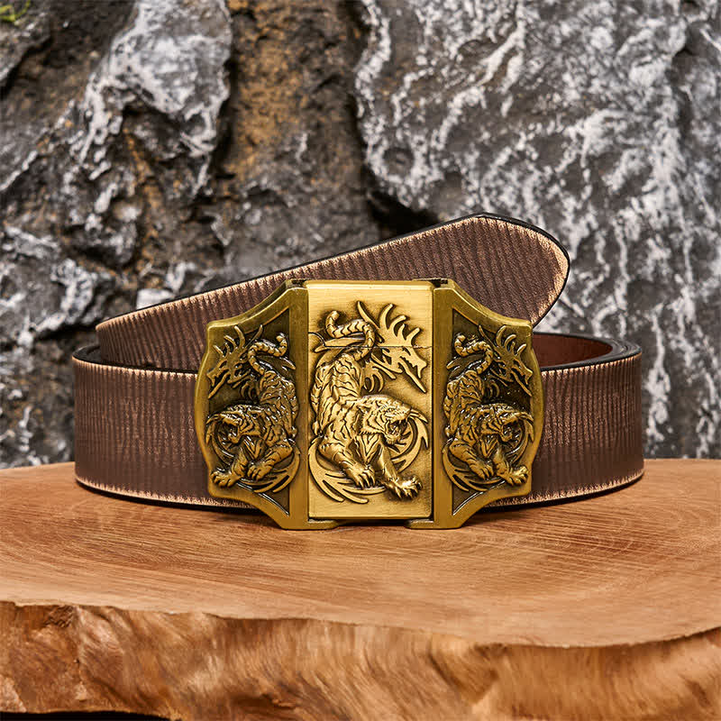 Ceinture en cuir pour homme avec triple tigre en bronze et briquet caché - Tigre - Ceinture marron vieillie - 42 - image 5