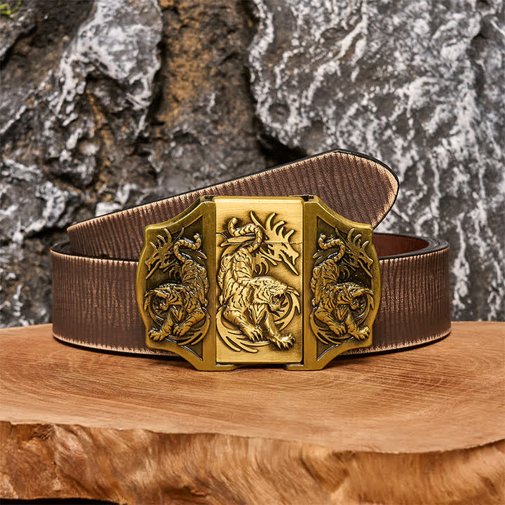 Ceinture en cuir pour homme avec triple tigre en bronze et briquet caché - Tigre - Ceinture marron vieillie - 42 - image 5