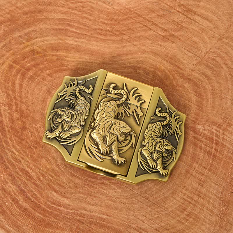 Ceinture en cuir pour homme avec triple tigre en bronze et briquet caché