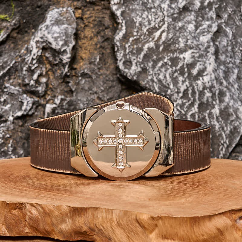 Ceinture en cuir bronze à strass pour homme avec briquet caché - Croix - Ceinture marron vieillie - 42 - image 7