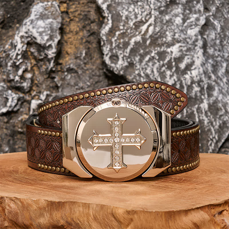 Ceinture en cuir bronze à strass pour homme avec briquet caché - Croix - Ceinture à rivets marron - 42 - image 6