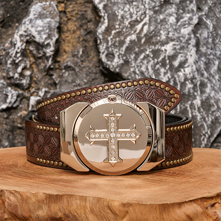 Ceinture en cuir bronze à strass pour homme avec briquet caché - Croix - Ceinture à rivets marron - 42 - image 6