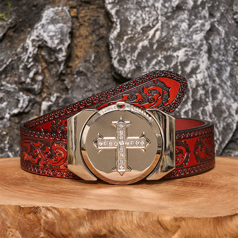 Ceinture en cuir bronze à strass pour homme avec briquet caché - Croix - Ceinture marron sculptée - 42 - image 8