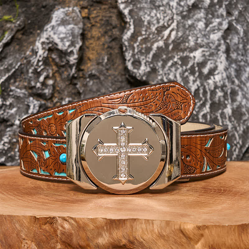Ceinture en cuir bronze à strass pour homme avec briquet caché - Croix - Ceinture sculptée en turquoise - 42 - image 5