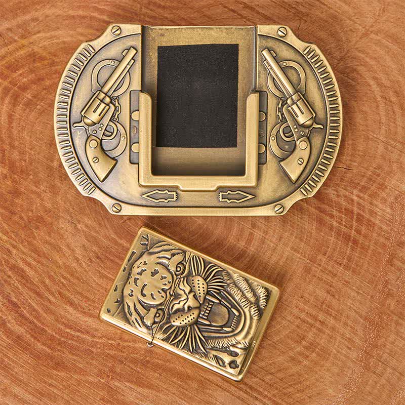 Ceinture en cuir pour homme avec motif tigre en bronze et briquet caché