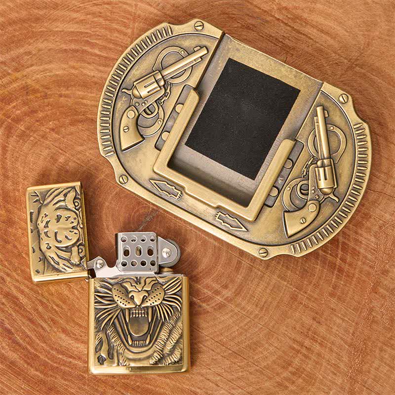 Ceinture en cuir pour homme avec motif tigre en bronze et briquet caché