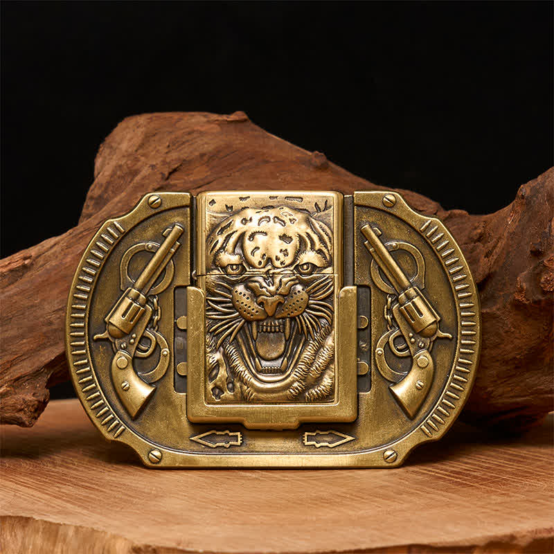 Ceinture en cuir pour homme avec motif tigre en bronze et briquet caché - Tigre - Sans ceinture - Ceinture non incluse - image 0