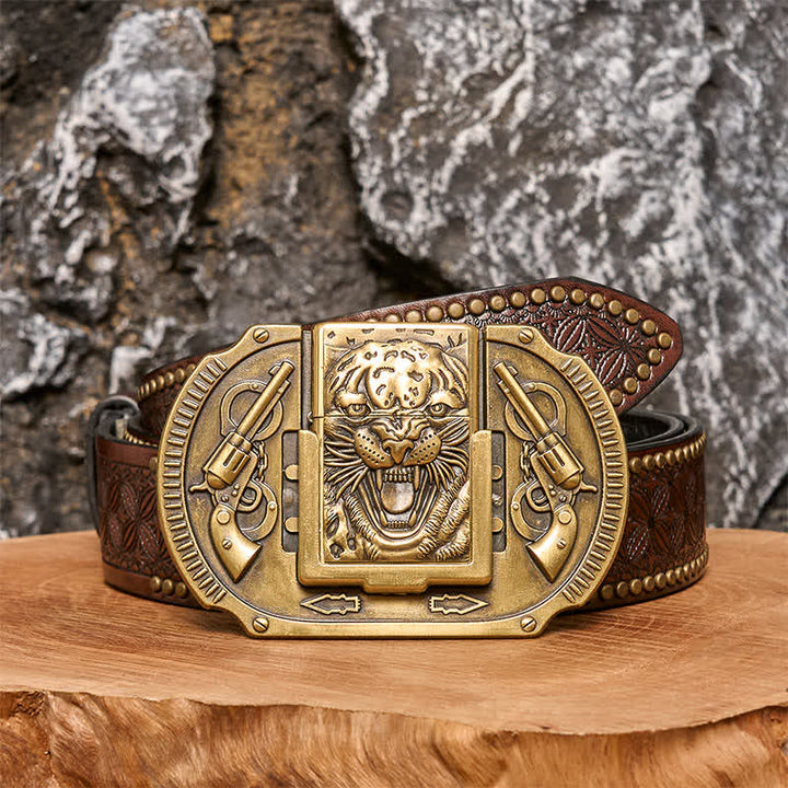 Ceinture en cuir pour homme avec motif tigre en bronze et briquet caché - Tigre - Ceinture à rivets marron - 42 - image 4