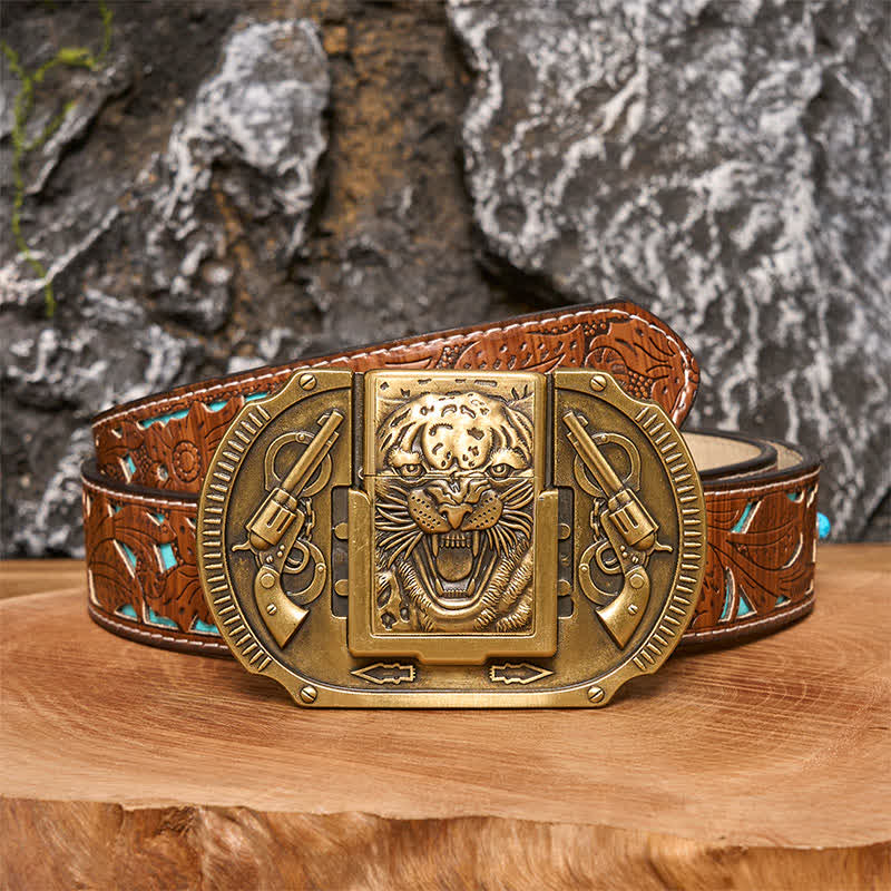 Ceinture en cuir pour homme avec motif tigre en bronze et briquet caché