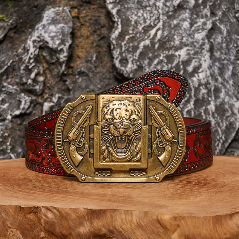 Ceinture en cuir pour homme avec motif tigre en bronze et briquet caché - Tigre - Ceinture marron sculptée - 42 - image 6
