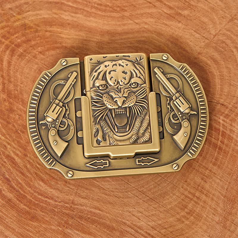 Ceinture en cuir pour homme avec motif tigre en bronze et briquet caché