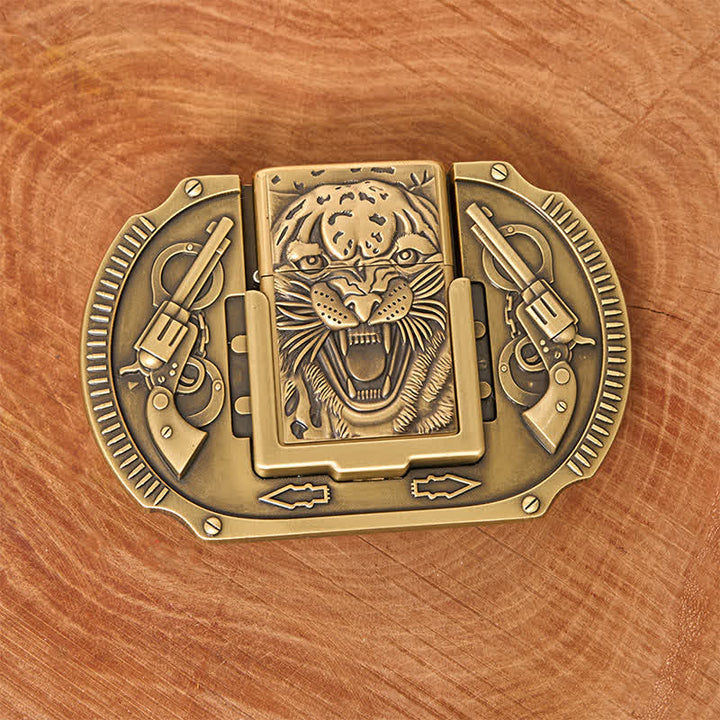 Ceinture en cuir pour homme avec motif tigre en bronze et briquet caché