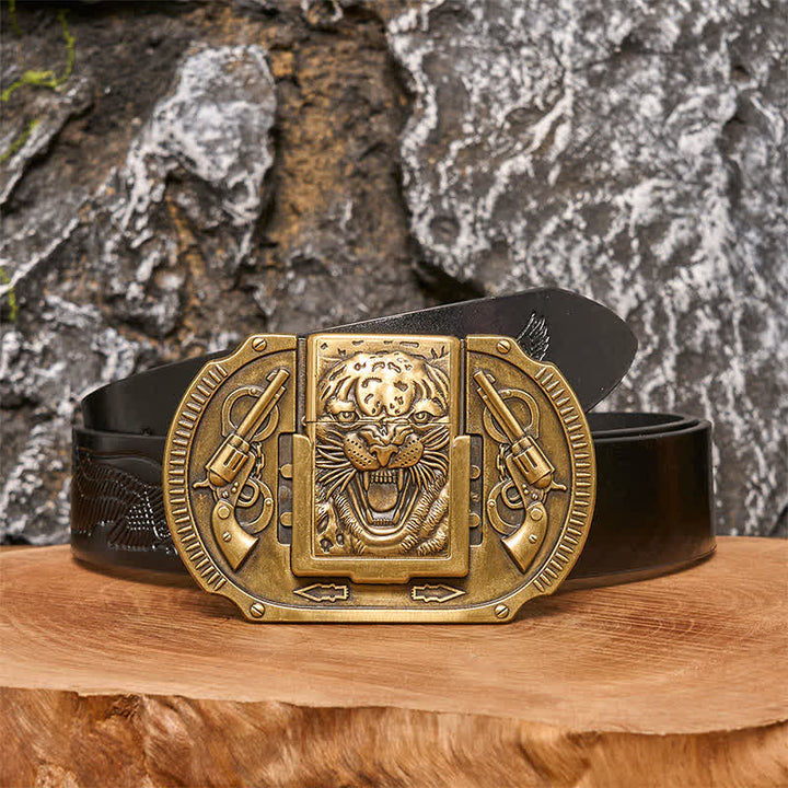 Ceinture en cuir pour homme avec motif tigre en bronze et briquet caché