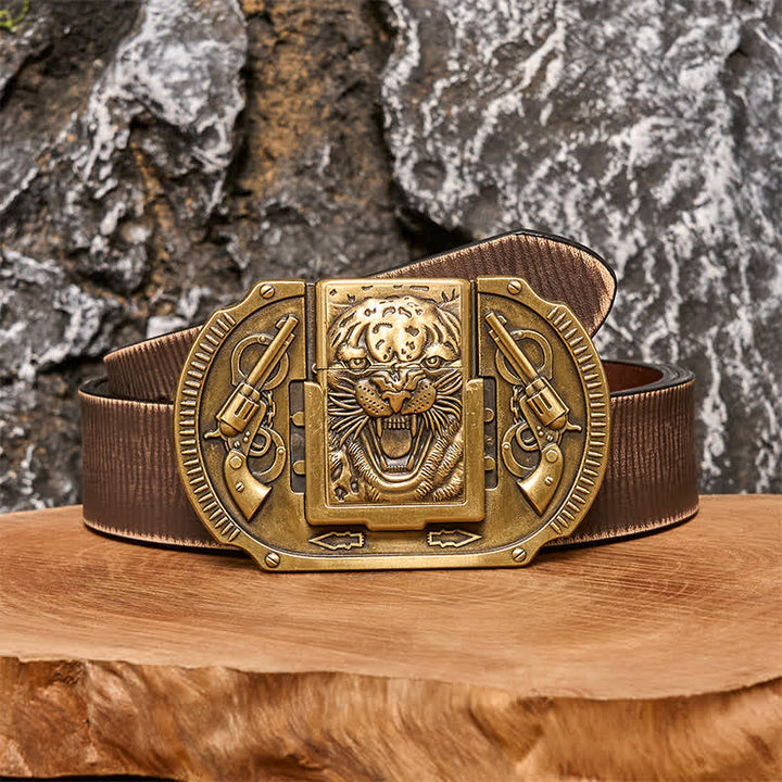 Ceinture en cuir pour homme avec motif tigre en bronze et briquet caché - Tigre - Ceinture marron vieillie - 42 - image 5