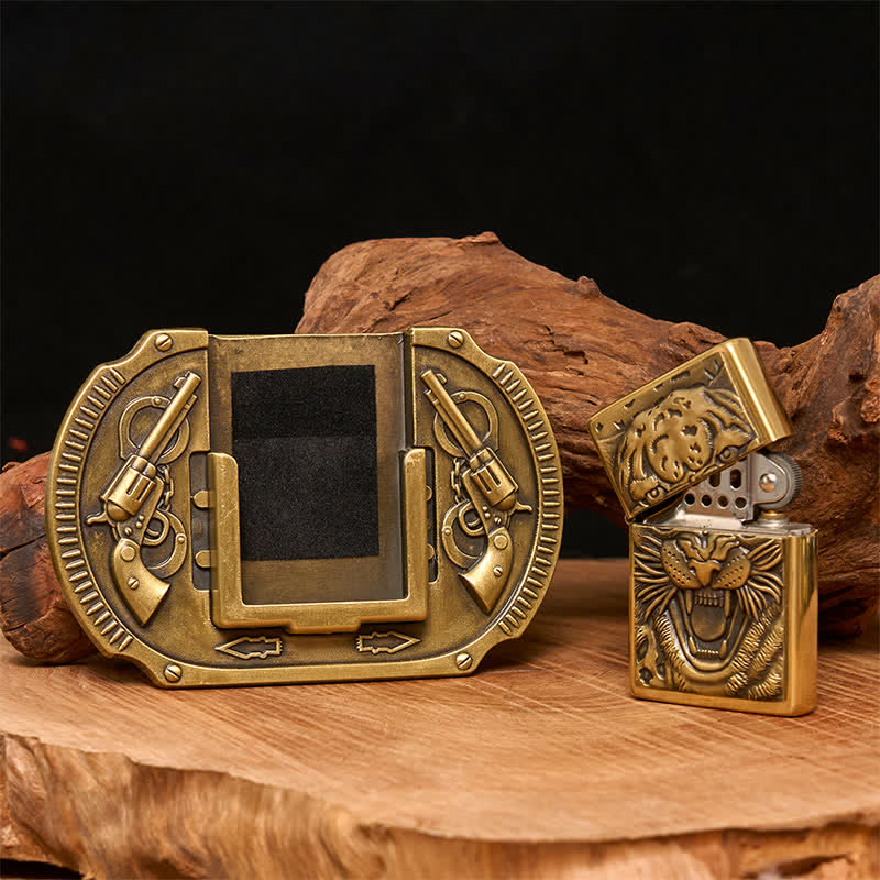 Ceinture en cuir pour homme avec motif tigre en bronze et briquet caché