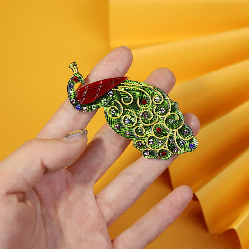 Broche en acrylique faite main en forme d'oiseau paon vert - image 3