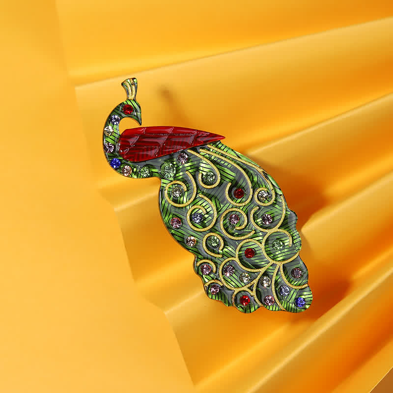 Broche en acrylique faite main en forme d'oiseau paon vert - Vert - image 1