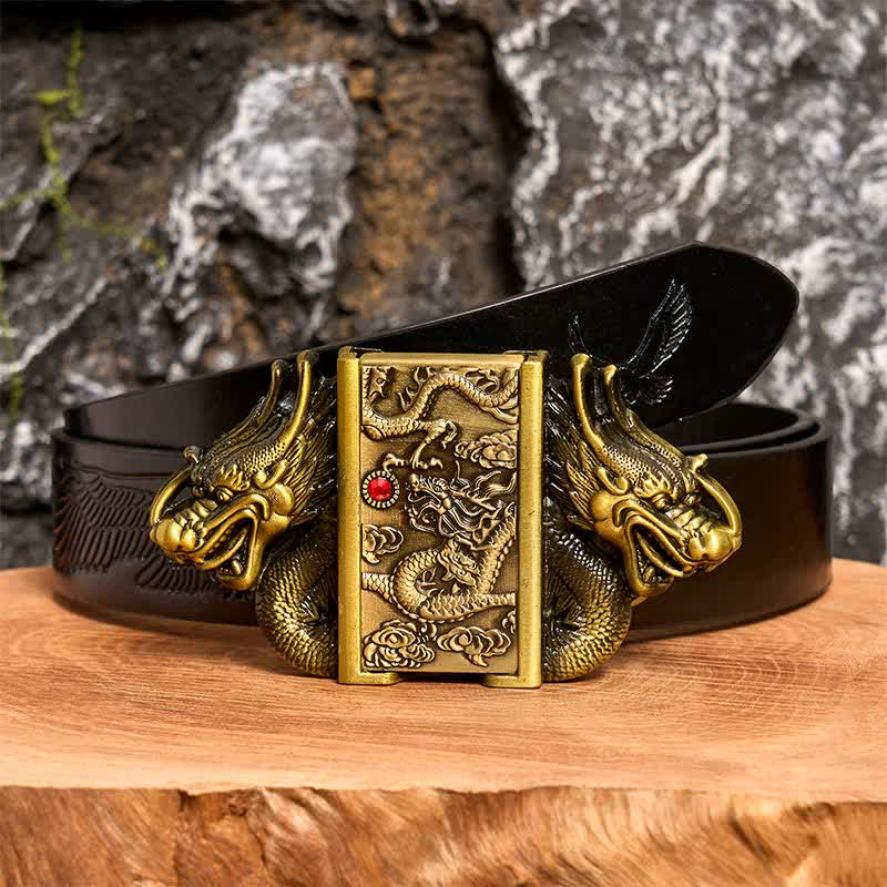 Ceinture en cuir pour homme, motif double dragon en bronze, avec briquet caché